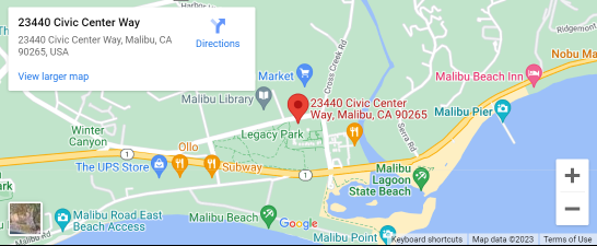 A map of malibu showing the location of 2 3 4 4 0 civic center way.